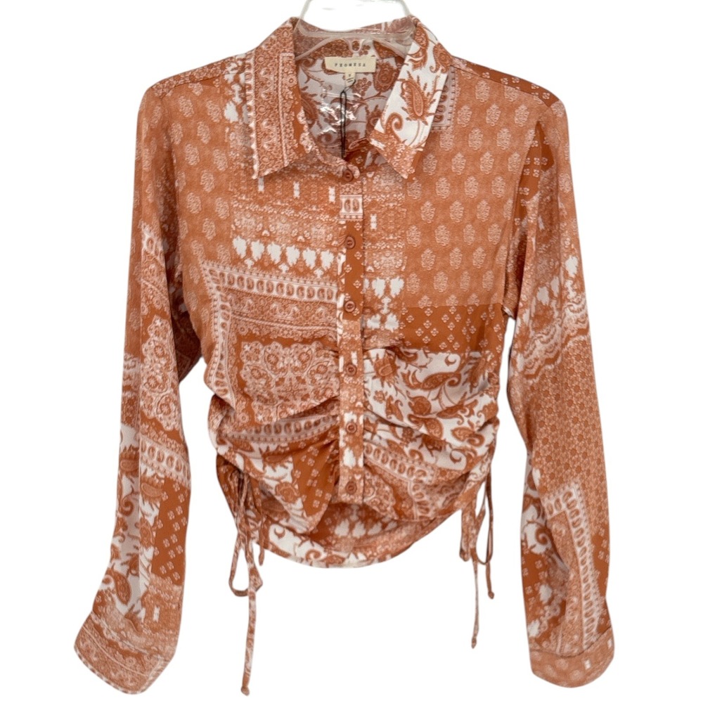 Promesa Rust Orange Paisley Print Button Down Shirt Ruched Side Size Medium NWT